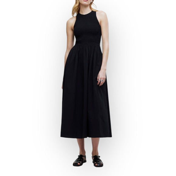 Madewell Selena Smocked Midi Dress Women's XXS Black Sleeveless A-Line NWT - Picture 1 of 12